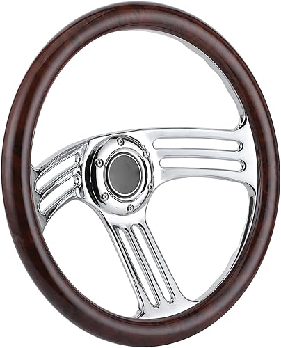 Miniatura 2 de Volante, 350mm/14in Agarre de Madera Oscura 6 Pernos Cromo Volante de 3 Radios Vintage