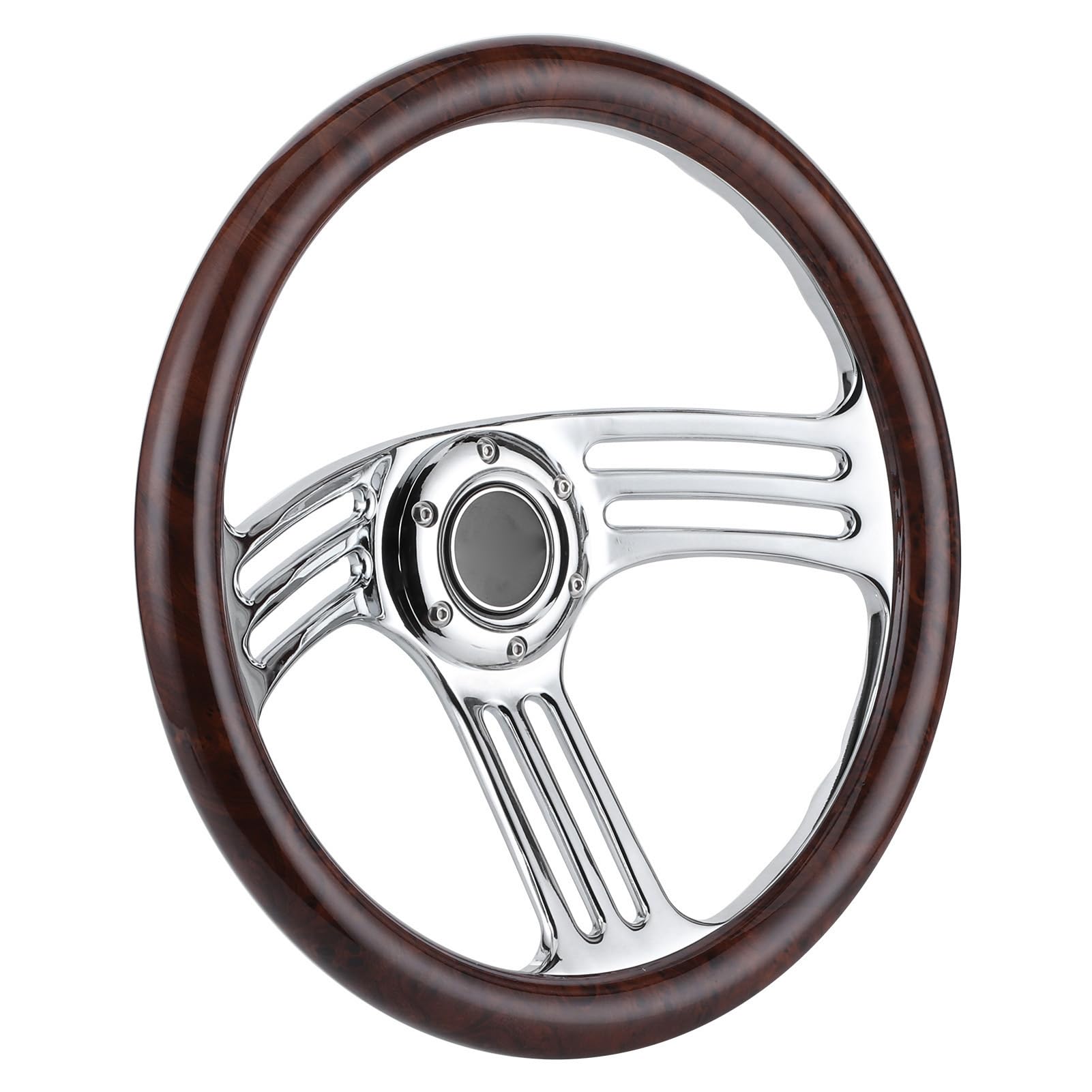 Steering Wheel, 350mm/14in Dark Wood Grip 6-Bolts Chrome 3-Spoke Steering Wheel Vintage