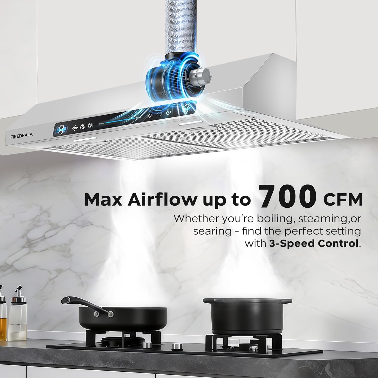 36 Inch Under Cabinet Range Hood, 700 CFM Kitchen Vent Hood with Touch & Gesture Control, 3-Speed Quiet Operation, Stainless Steel with LED Lights, Ducted/Ductless