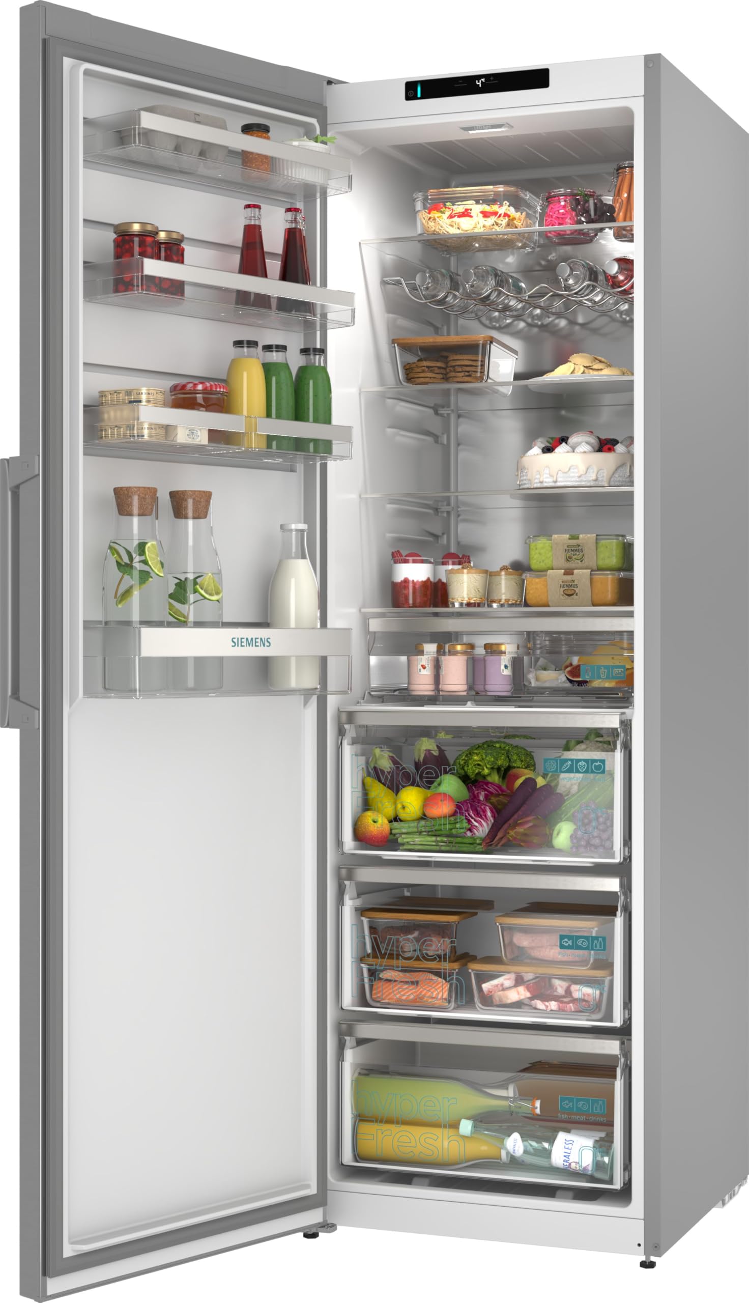 Siemens iQ300 Freistehender XXL Kühlschrank 186,2 x 59,5 cm, KS36NVICG, 402 L Kühlen, Total noFrost, hyperFresh 0°C Schubladen, LED-Beleuchtung, Metall-Rückwand, antiFingerprint Edelstahl