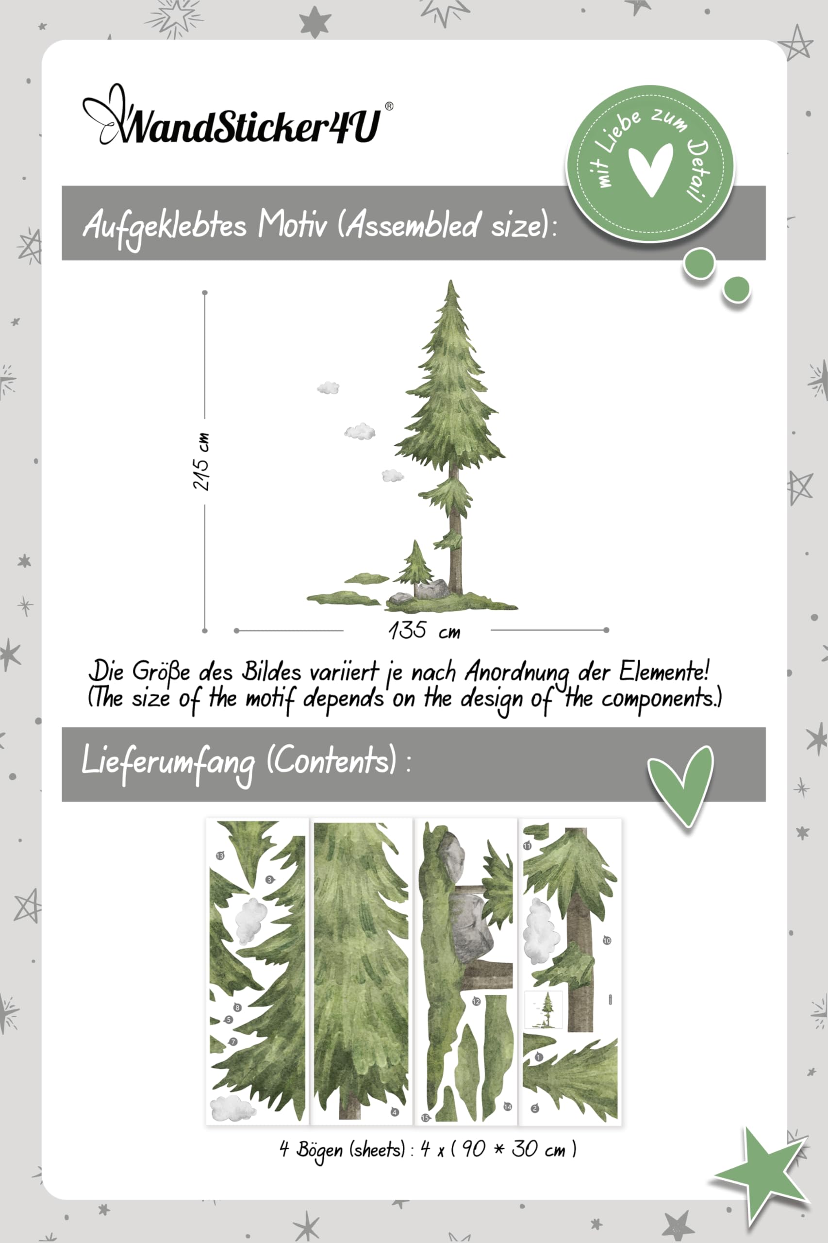 Giganti Adesivi murali bambini ALBERO acquerello 135x215 cm Murales adesivi da parete grandi albero pino foresta Decorazioni parete cameretta camera da letto bambini XXL