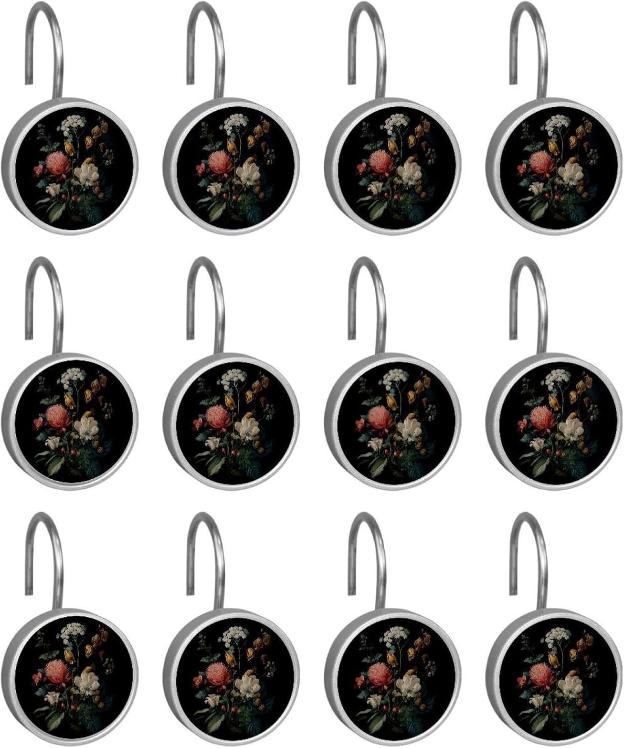 12PCS Vintage Plants Flower Shower Curtain Hooks Rings for Bathroom, Decorative Shower Curtain Hooks Rods Curtains and Liner