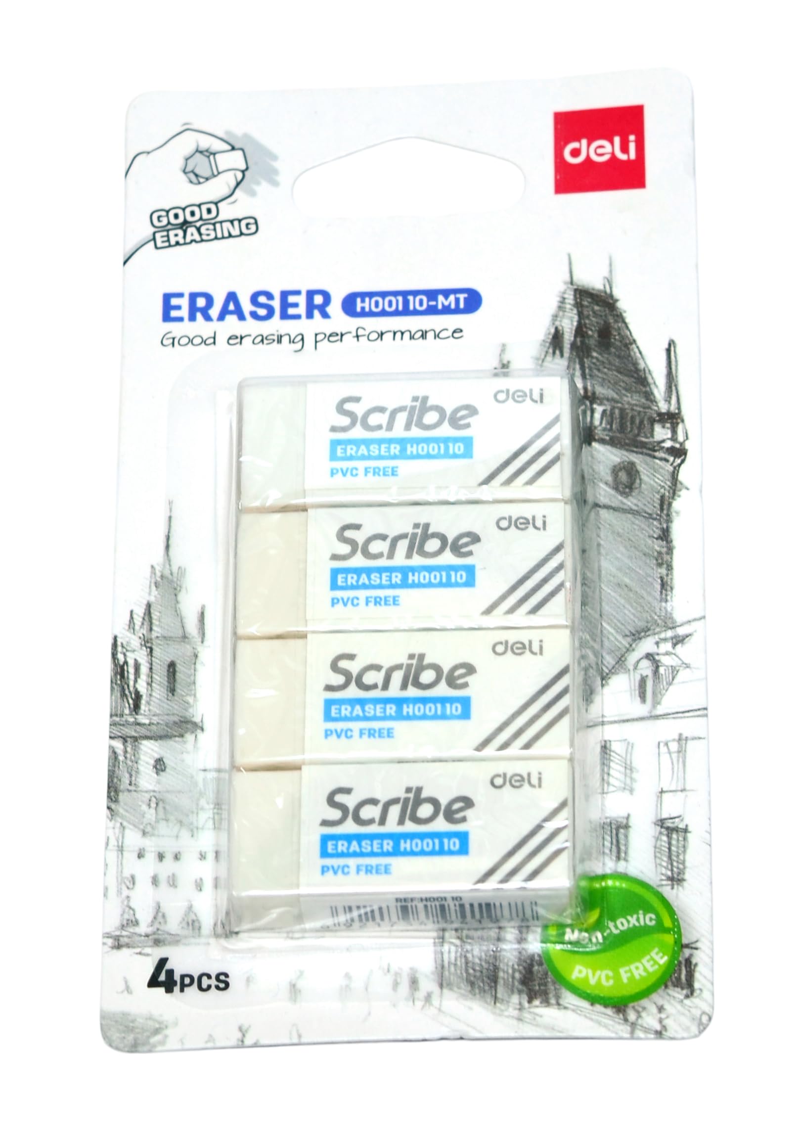 Deli EH00110-MT Eraser 4-Pieces, 40 x 17 x 12 mm Size, White
