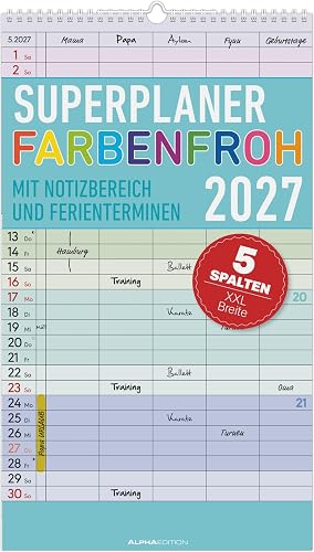 Superplaner Farbenfroh - 5 Spalten 2027: bunter Familienkalender 26x45 cm mit 5 