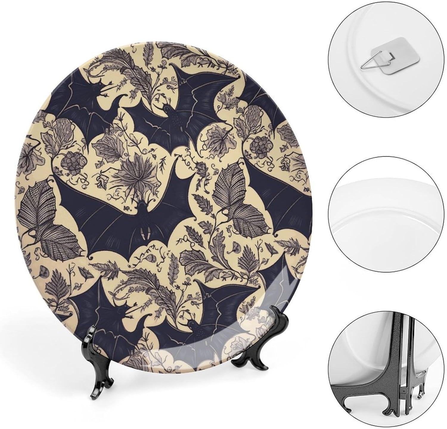 Bat Print Ceramic Plate 10inch Decorative Bone China Wall Hanging Ornament Plates Bohemian Style Dinner Plate with Display Stand Cabinet Display Plates for Home Art Decor