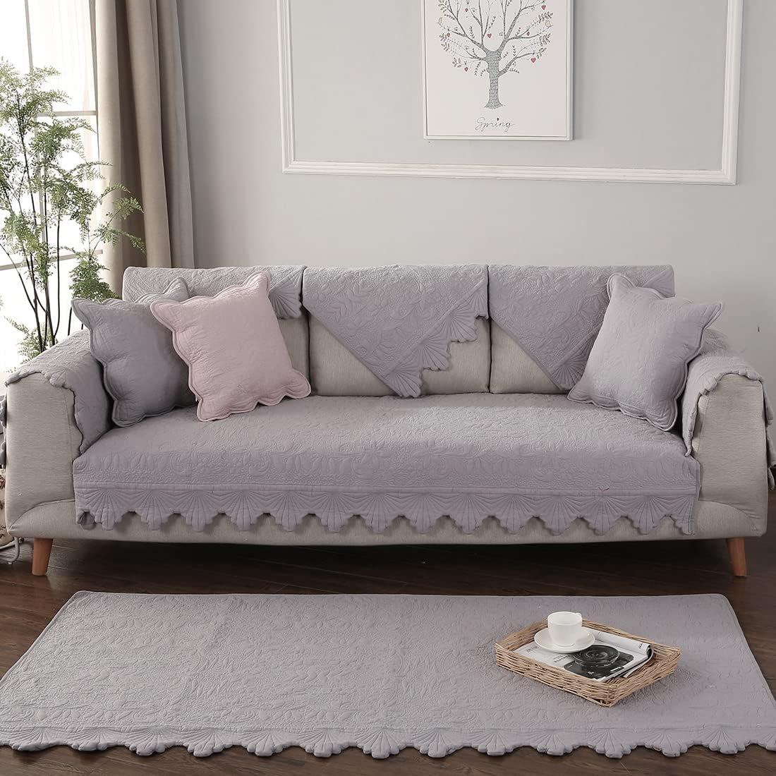 vctops Solid Cotton Embroidered Sofa Couch Cover Non Slip Floral and Leaf Pattern Sectional Couch Covers Non Slip Sofa Slipcover for Dogs, Children, Pets Furniture Protector (Grey,28"x94")