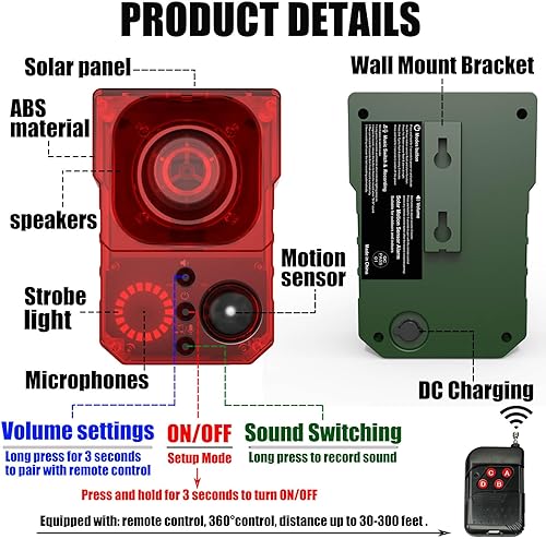 Miniatura 5 de Alarma solar con sensor de movimiento para exteriores - Alarma de ruido de 129 dB, grabación, sirena, ladrido de perro y disparo. con control
