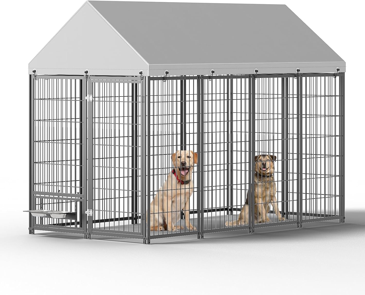KEIKI Large Outdoor Dog Kennel, 8' x 4' x 6' Metal Pet Enclosure with Roof Cover, Double-Door Lock, 2 Adjustable Feeders for Dogs, Chickens, Rabbits, Ducks