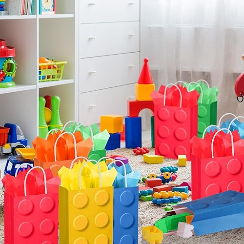 Vista 7 de YOTNUS Bloque de construcción, bolsas de regalo con papel de seda, pequeñas bolsas de regalo con asas, para bloques de construcción, suministros