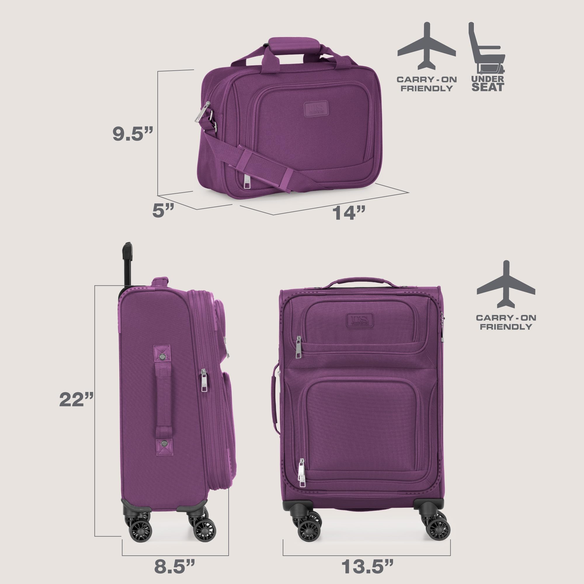 U.S. Traveler Rugged Fabric Expandable Carry-on Luggage Set, Purple, 4 Wheel