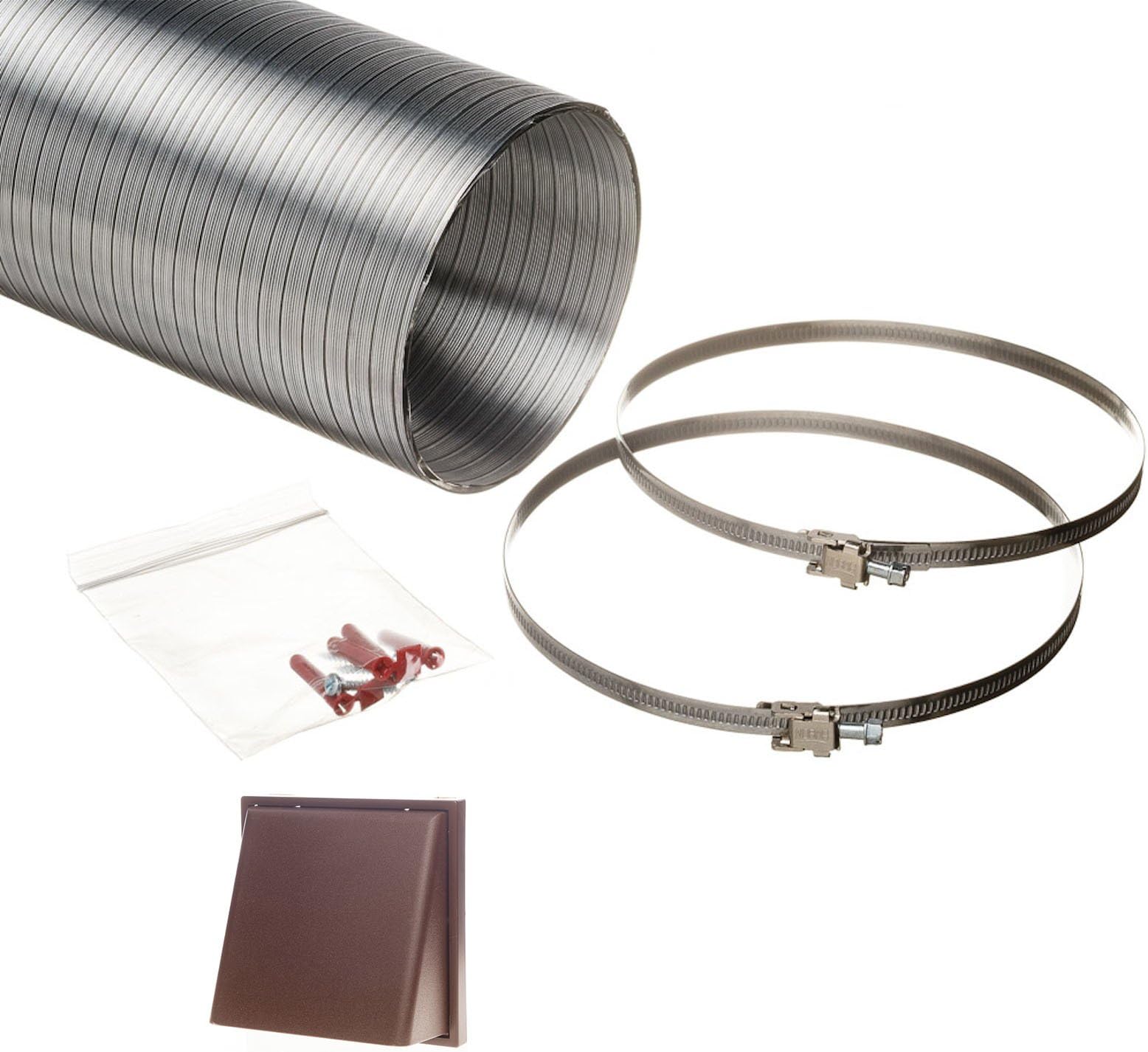 NaplesUK Universal 150mm Cooker Hood Ducting Kit Semi Rigid Aluminium 152mm Internal Diameter Hose Length 1.5 Metre With Cowled Brown Grille