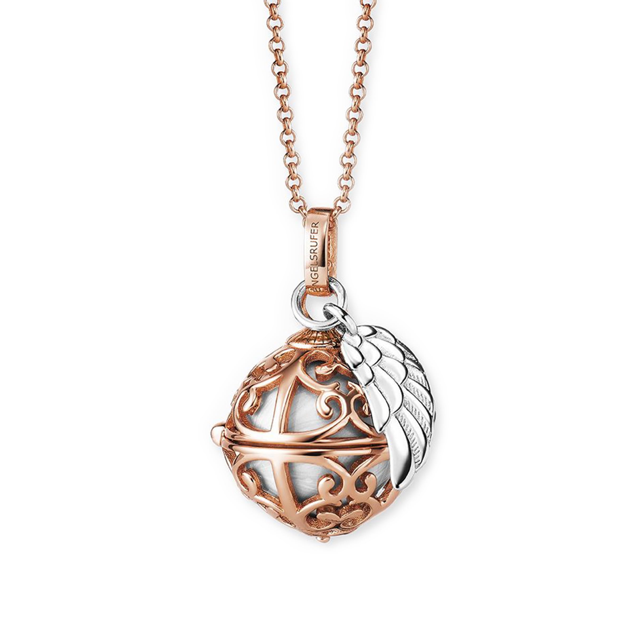 Engelsrufer Damen Halskette aus Sterling Silber mit Klangkugel Anhänger Roségold in der Größe XS mit perlmutt Klangkugel, Karabinerverschluss, nickelfrei, Größe: 45+5 cm, ERN-ER23-20-XS-R