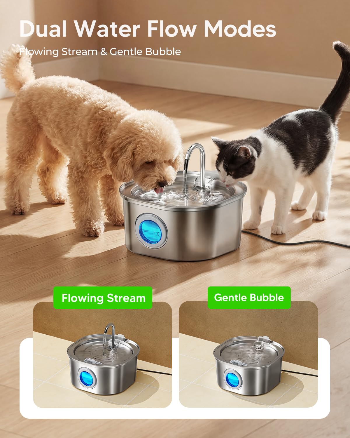 PEKTACO Fuente de Agua para Gatos, Fuente de Agua para Mascotas para Gatos/Perros en Interiores, Fuentes de Agua para Gatos de Acero Inoxidable con Ventana de Nivel de Agua (3.2 L/108 onzas)