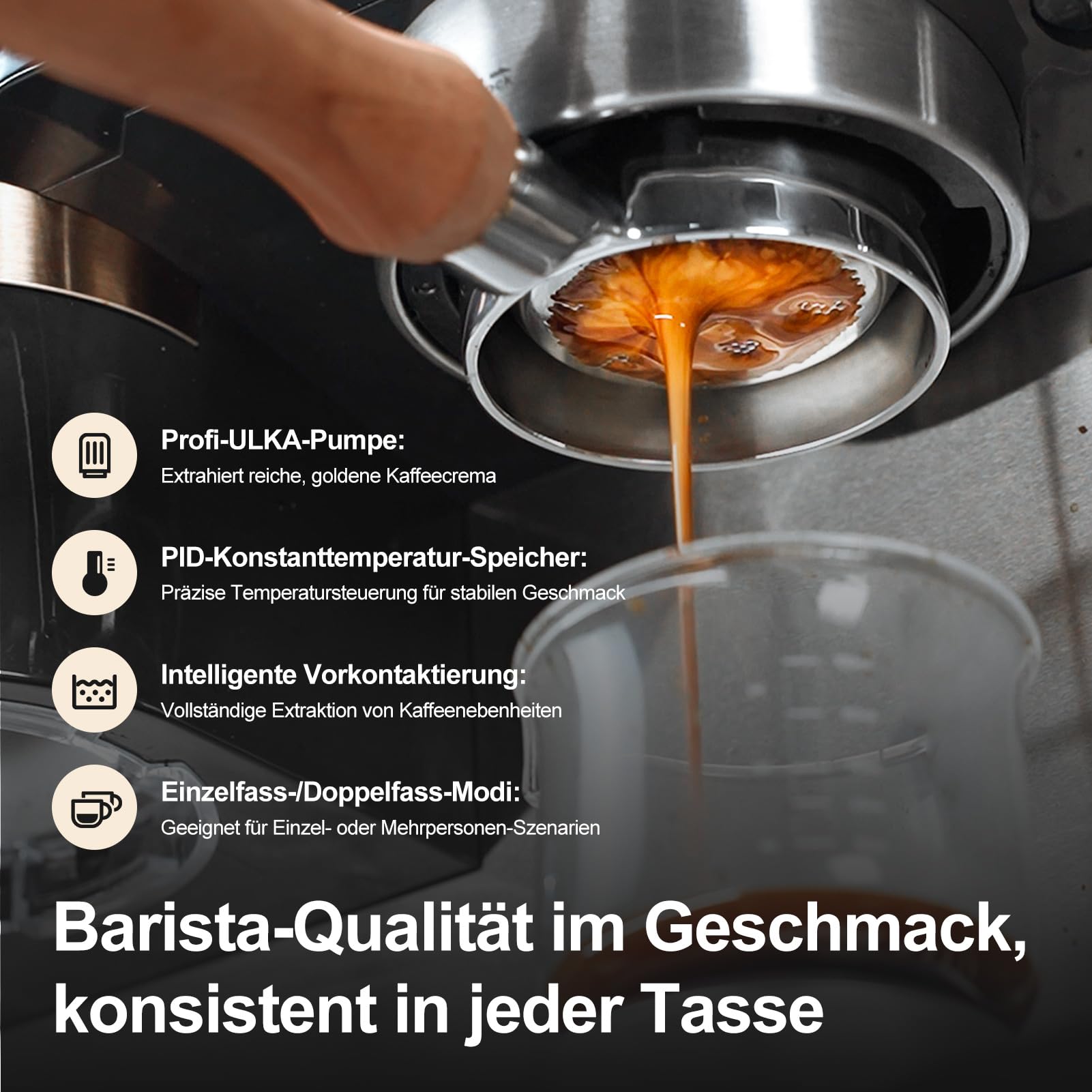 Tjean Barista Senso Doppelboiler Siebträgermaschine mit Mahlwerk und Manuellem Milchschäumer,3-in-1 Dampf-Espressomaschinen,20 Bar ital. Drucksystem,2,8L Wassertank (Grau-Gold)