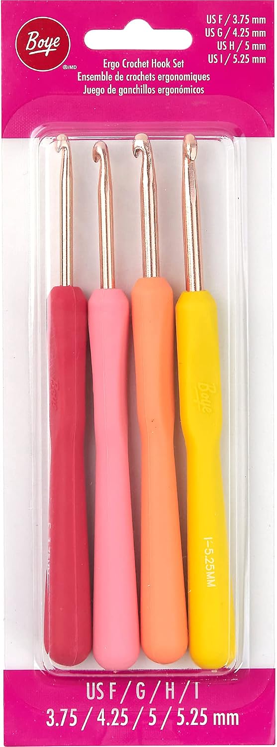 Boye 40-40044 Metal Ergonomic Crochet Hook Set for Light and Medium Weight Yarn, Sizes F/G/H/I, Multicolor, 4pcs