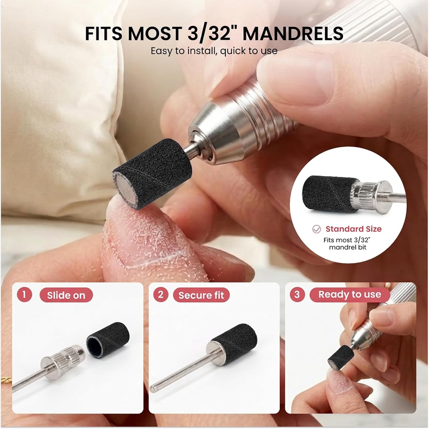 Lavinda 100 Pcs Nail Drill Bits Sanding Bands for Nail Drill with 3/32" Mandrel, 180 Grit Fine Drill Bits Nail Tech for Nfor Everyday Nail Prep Surface Refining Gel Polish Smoothing-Black