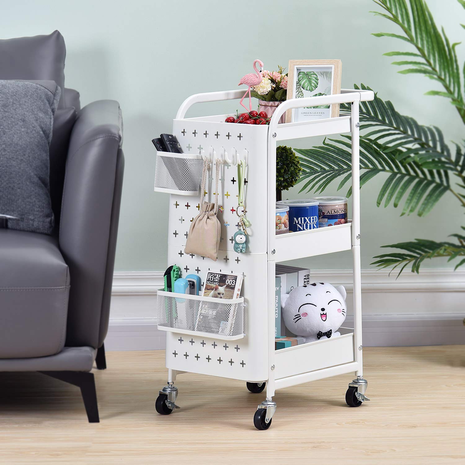 KINGRACK Carro de almacenamiento, carro rodante de 3 niveles, estante de metal con ganchos para tablero de clavijas, cestas con ruedas, estante de almacenamiento móvil para cocina hogar (Blanco)