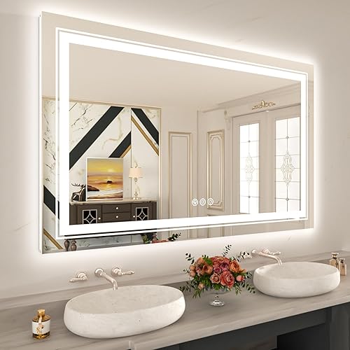 Espejo de baño LED de 55 x 30 pulgadas con retroiluminación RGB y luz frontal, espejo LED regulable continuo para baño, espejo de tocador de baño