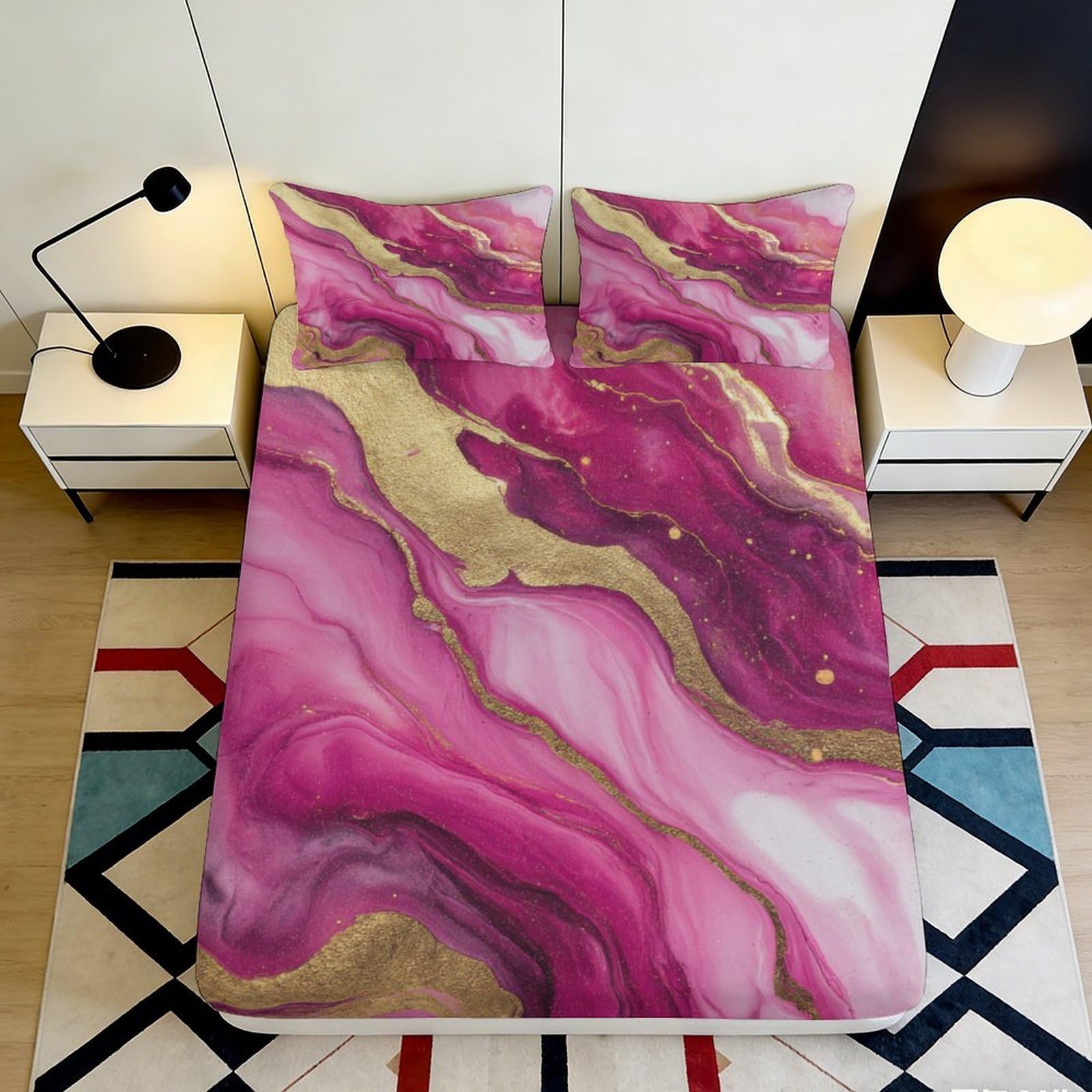 Pnayamiorkfel Style-9 3D Printed Pink Marble Fitted Sheet Microfiber Soft Decorative Gold Vein Bed Cover For Bedroom Guest Room Dorm 90X200x25cm