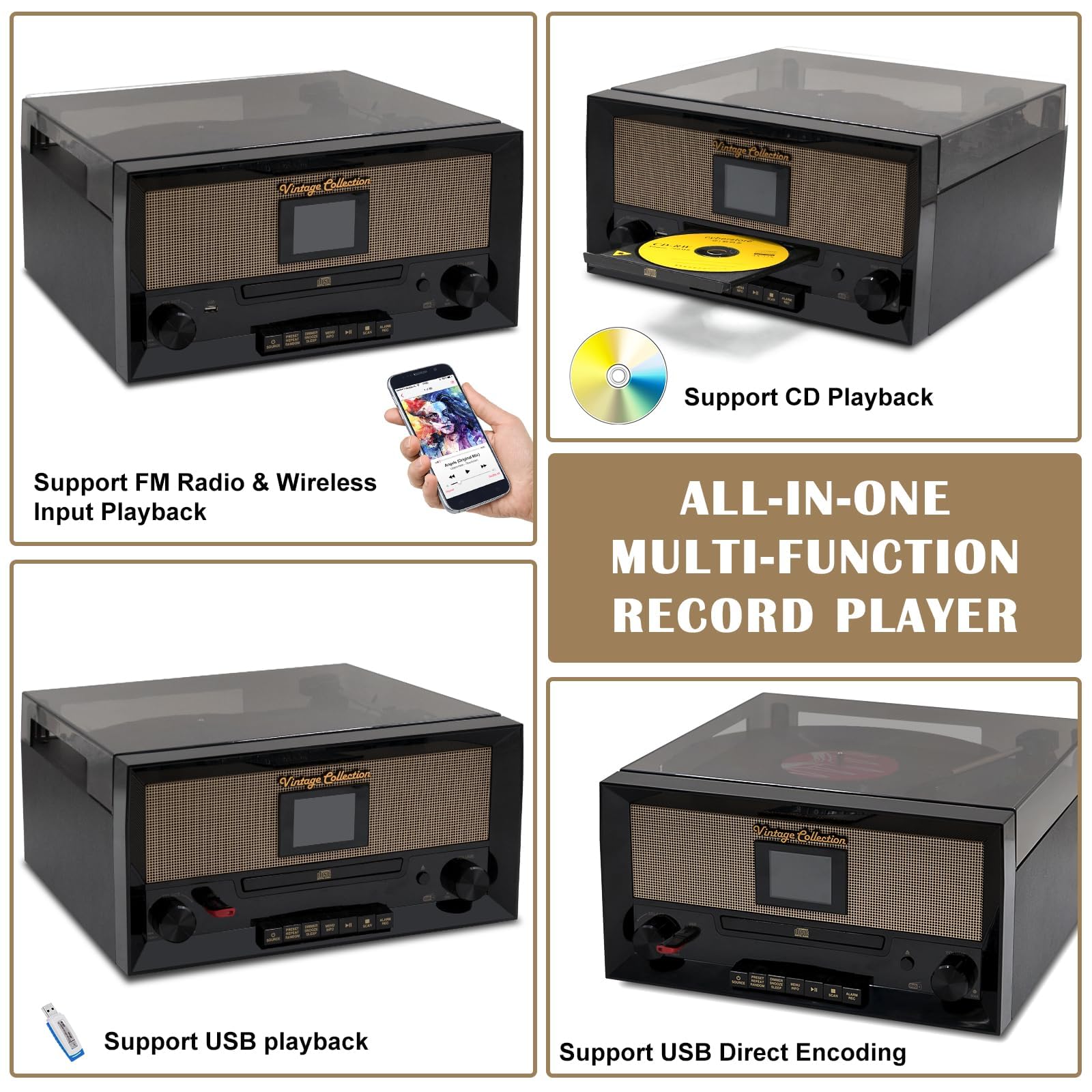 Tocadiscos con altavoces estéreo dobles integrados, tocadiscos de vinilo inalámbrico 9 en 1 de 3 velocidades con disco CD, combo de radio PLL FM/DAB, reproducción y grabación USB, conector para