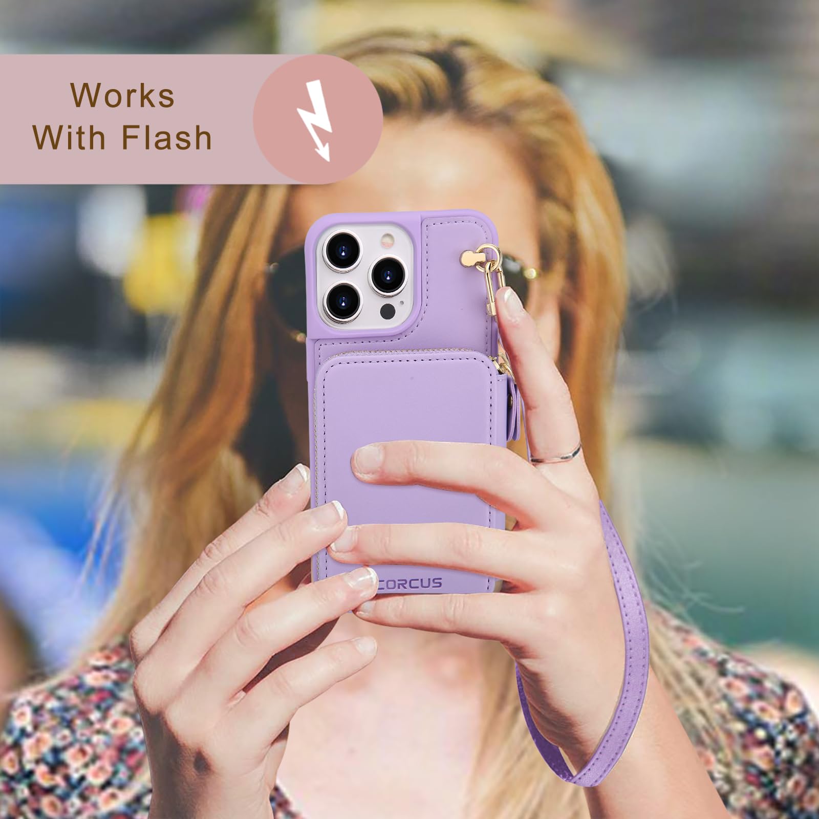 CORCUS Crossbody Wallet Case Compatible with iPhone 15 Pro with Strap-RFID Blocking Zipper Card Holder Leather Purse Phone Cover Wristlet-lanyard women (6.7-inch)-Violet Purple