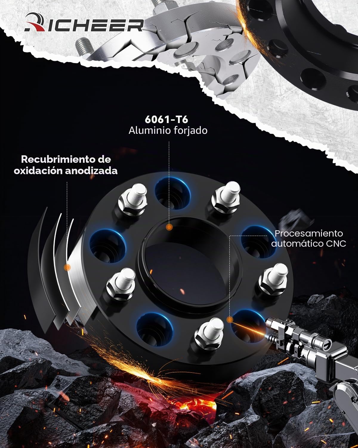 Richeer Espaciadores de rueda centrales de 5 x 5 para Wrangler JL/JLU 2018-2022, Grand Cherokee WK2 2011-2022, Gladiator JT 2019-2022, Durango, espaciador de rueda forjado de 5 x 127 mm con pernos de