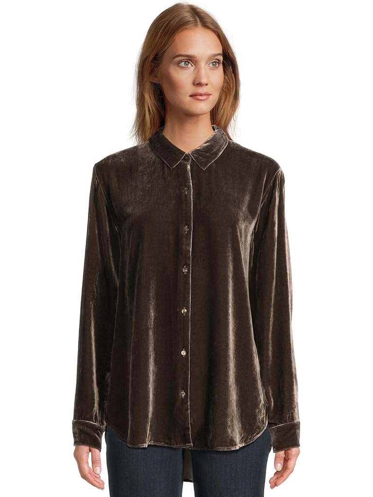 Brown Eileen Fisher Velvet Classic Collar Long Shirt