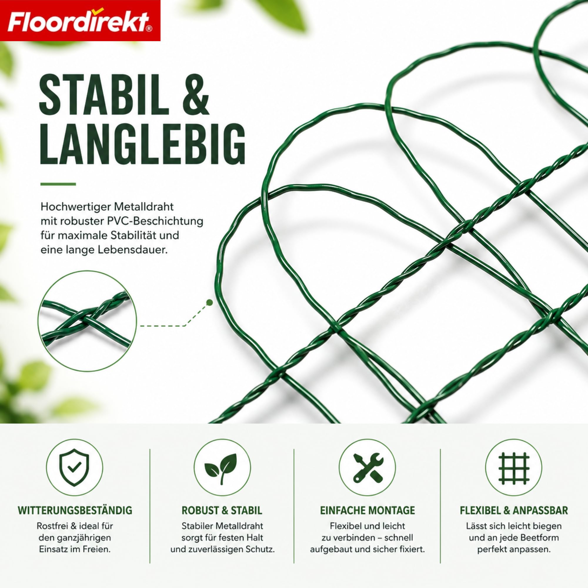 Floordirekt Beetzaun Metall, 65 cm x 10 m, Ziergeflecht, dekorative Beeteinfassung, Beetumrandung, Gartenzaun, Zaun zum Stecken, Drahtzaun, Zierzaun, kleiner Zaun für Garten