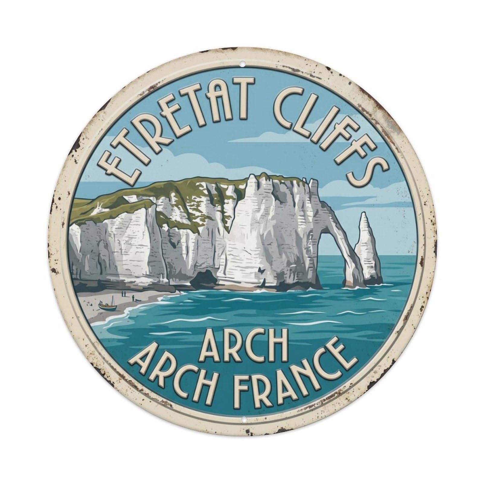 Etretat Cliffs Arch France Coast Metal Tin Sign Plaque Wall Decor for Cafe, Club Bar, Office, Home Garden Round Metal Poster 8x8Inch