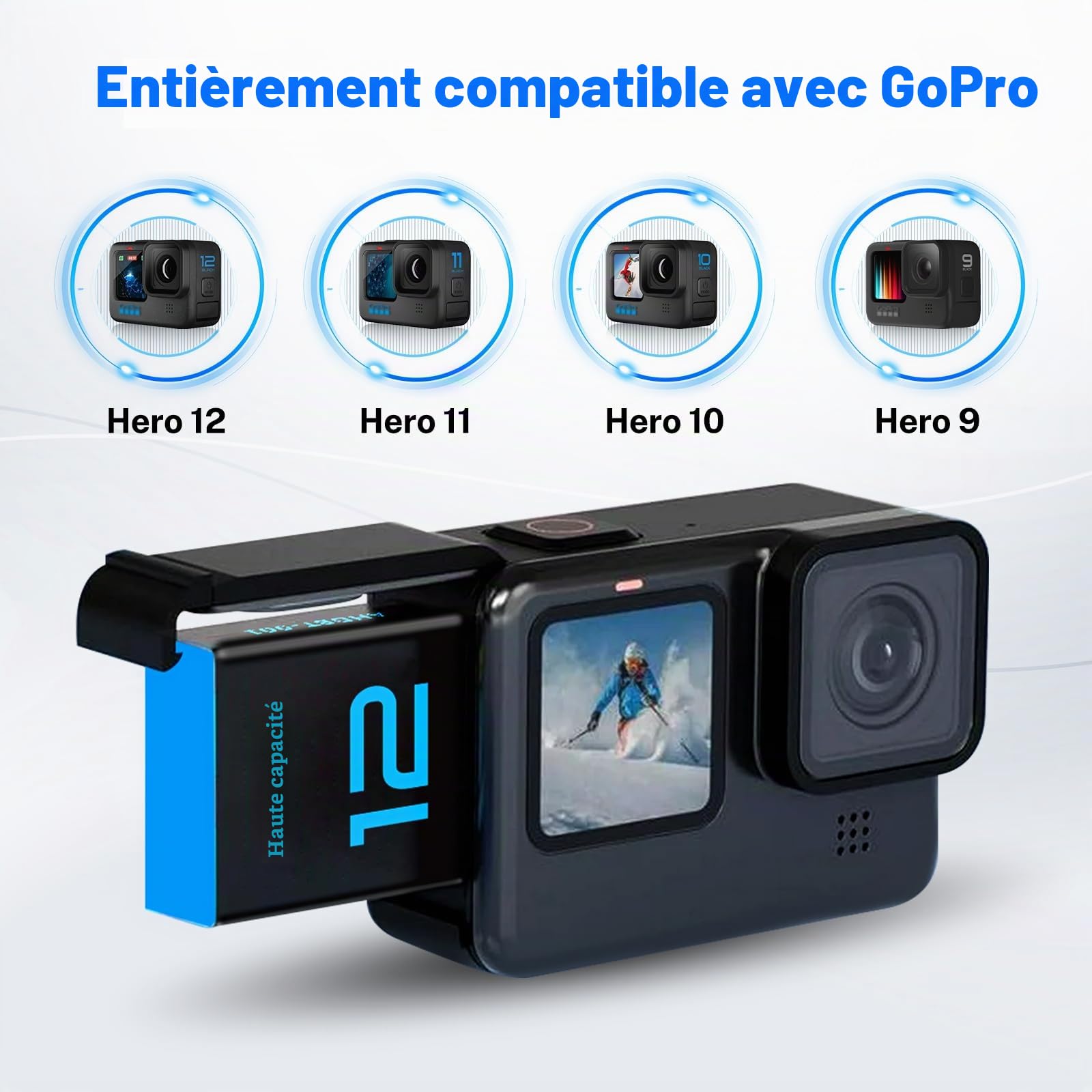 Lot de 3 batteries de rechange 2580 mAh pour GoPro Hero 12/11/10/9 avec station de charge 3 canaux de type C (pas pour Hero 13/8)