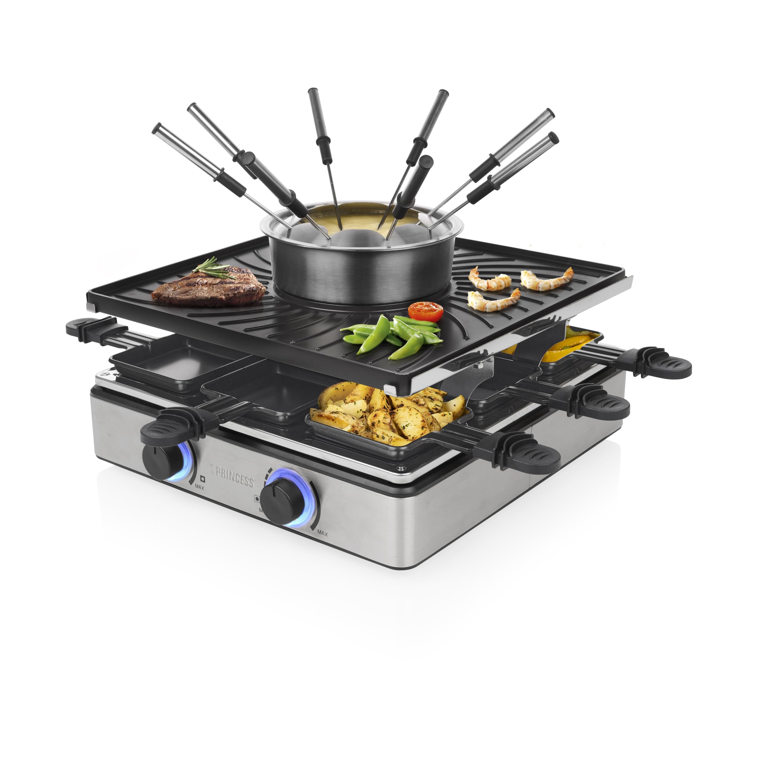 Princess Raclette e Fonduta 5-in-1, 8 Persone, Doppio Termostato, Pentola 1,3 L, Rivestimento PFAS-Free, Parti Removibili, 1800 W, 162670