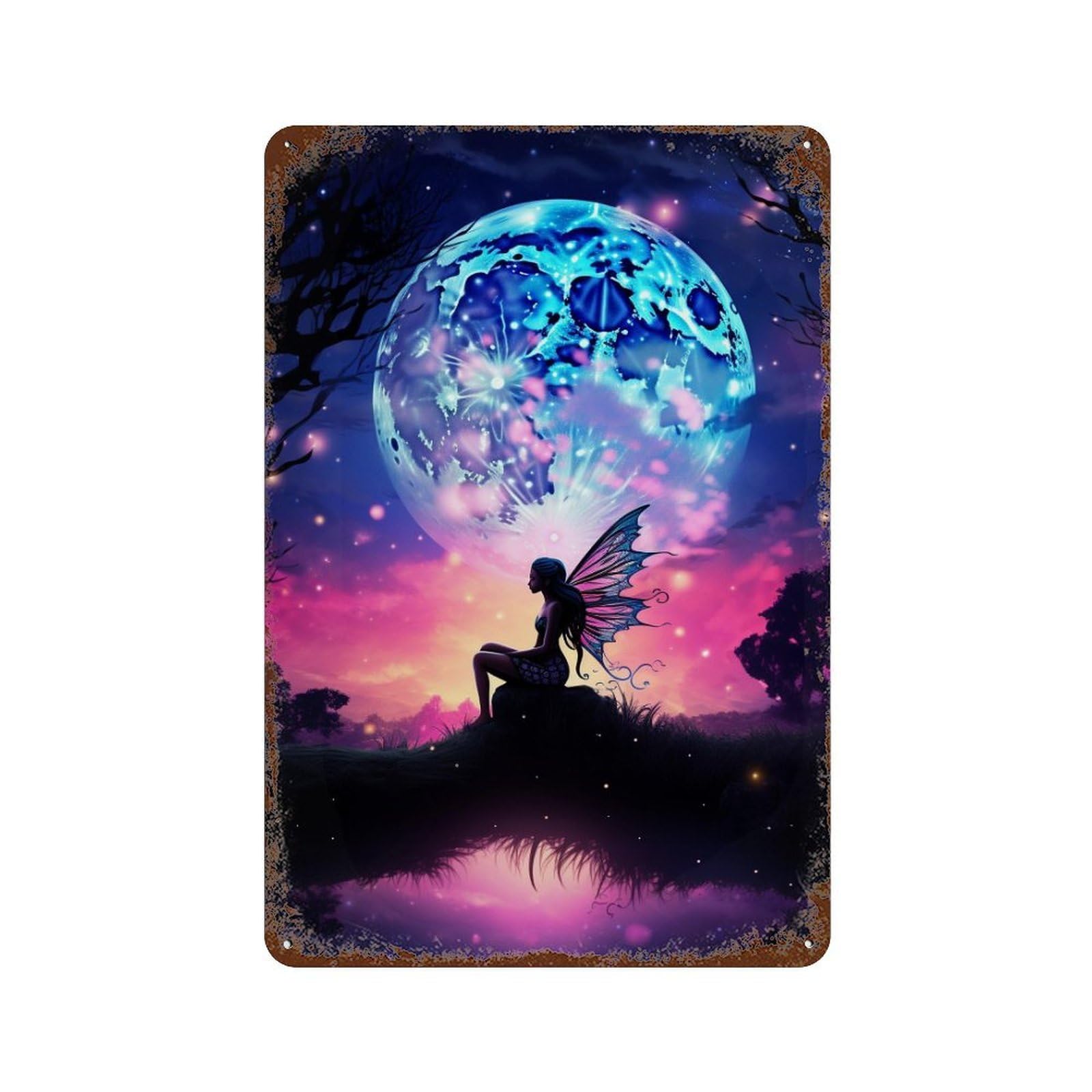 Rust Effect Enchanted Moonlit Fairy Scene Aged Metal Wall Plaque 11.8"x7.9", Classic Wall Plaque for Basement, Hobby Room And Garage Decor