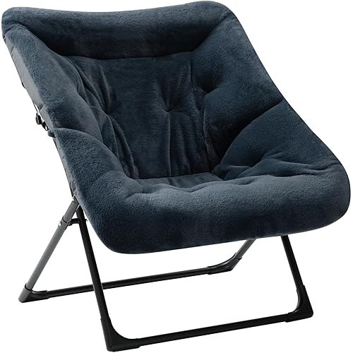 HollyHOME X-Large Saucer Chair, Comfy Oversized Folding Chair, Faux-Fur Reading Chair for Teens, Adults, Foldable Accent Lazy Chair, Metal Frame Lounge Chair for Living Room, Bedroom, Dorm, Navy Blue