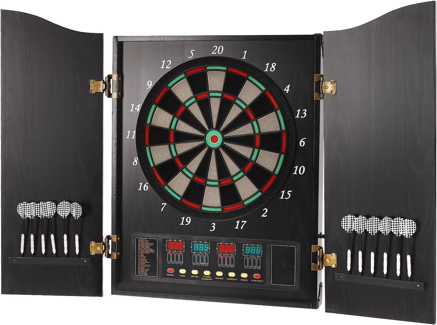 QXRSOP Electronic Dart Board Cabinet Set, LED Digital Electric Dartboard with Wooden Cabinet Door, Soft Tip Darts Board with 12 Darts, 88 Tips, 27 Games, 243 Variations, Up to 16 Players