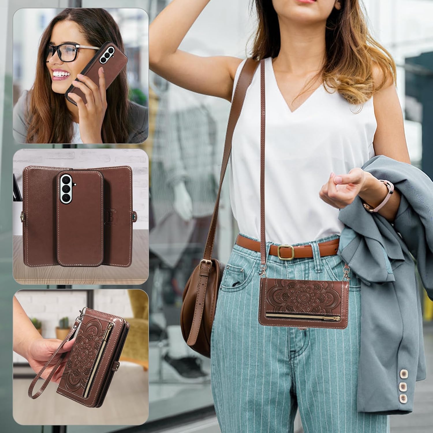Asuwish Phone Case for Samsung Galaxy Z Fold 7 Zipper Wallet Detachable Magnetic Cell Cover with Crossbody Wrist Strap Mandala Flower Purse Flip Credit Card Holder ZFold Z7 G Fold7 7Z Women Men Brown