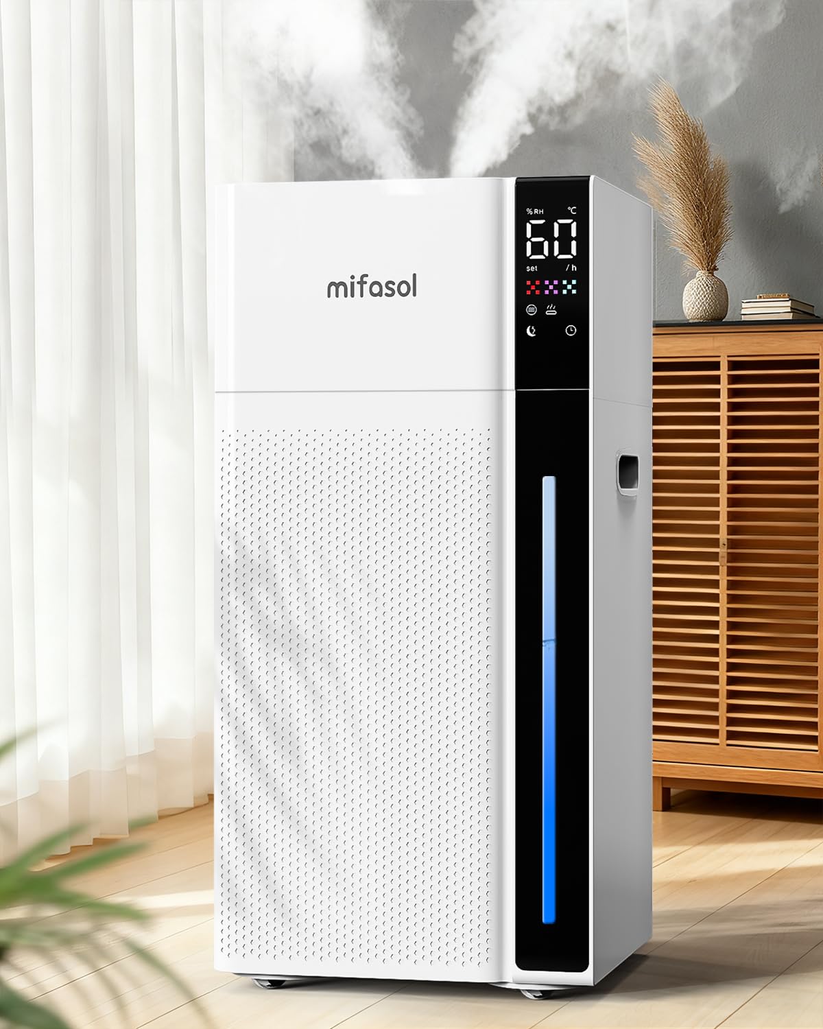 【法人向け】Mifasol 加湿器 ハイブリッド式 スチーム式 大容量20L 業務用 加熱式 +超音波式 加湿 器. お手入れしやすい 自動湿度調整 タワー 上から給水 水浄化 省エネ 遠隔制御 キャスター 35畳 25dB静音 おやすみモード 連続48時間 スタイリッシュ床置き 学校 事務所 家庭用 オフェス 寝室 病院 美容院 空焚き防止 白