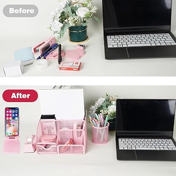 Desk Organizers and Accessories, Office Supplies 15PS Set with Stapler, Staple Remover, Pen Holder, Clips Set, Tape Dispenser, Tape, Phone Holder, 1000 Staples, Ruler, Scissors (Pink)
