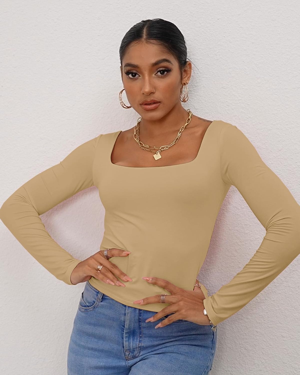 Dwnval Long Sleeve Shirts for Women - Basic Slim Fit Double Lined Square Neck Crop T Shirt - Image 3