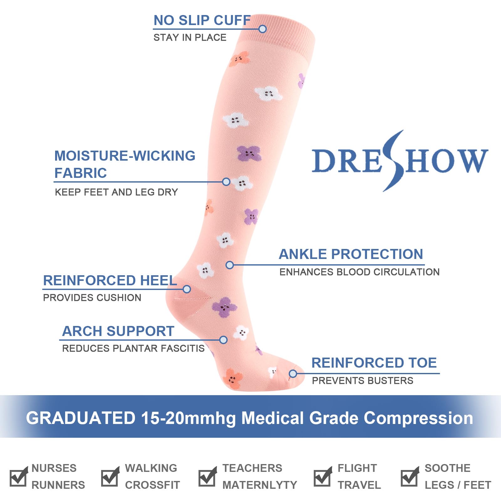 DRESHOW Chaussettes de Compression pour Hommes et Femmes Chaussettes de Compression pour Sportive, Cyclisme, Voyage en Avion, Course à Pied