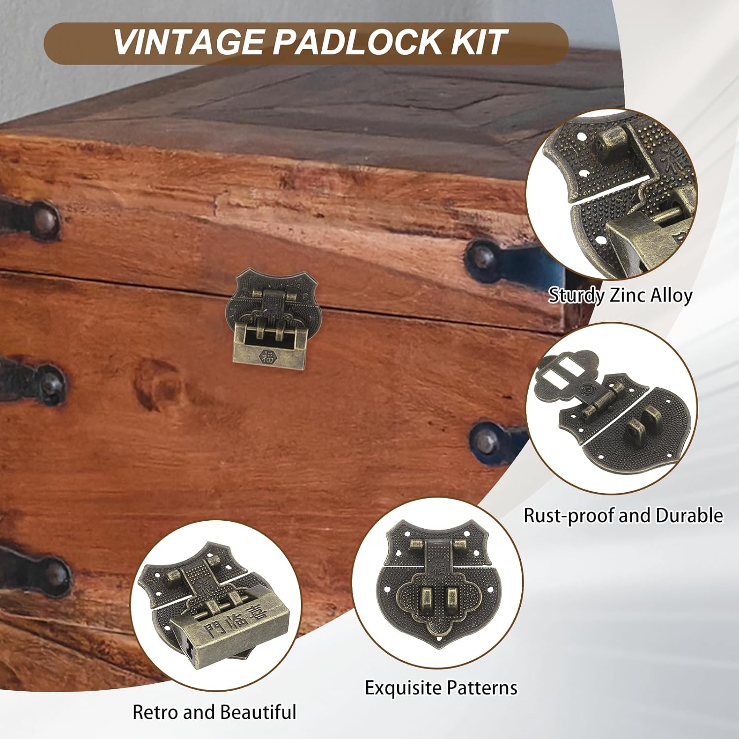 PATIKIL 2Pcs Vintage Decorative Hasp Latch, (1.36" x 1.7", Bronze), Retro Embossing Locking Hasp Latch Clasp Set and Small "Joyful" Padlock, Suit for - Jewelry Box/Wooden Case/Cabinet