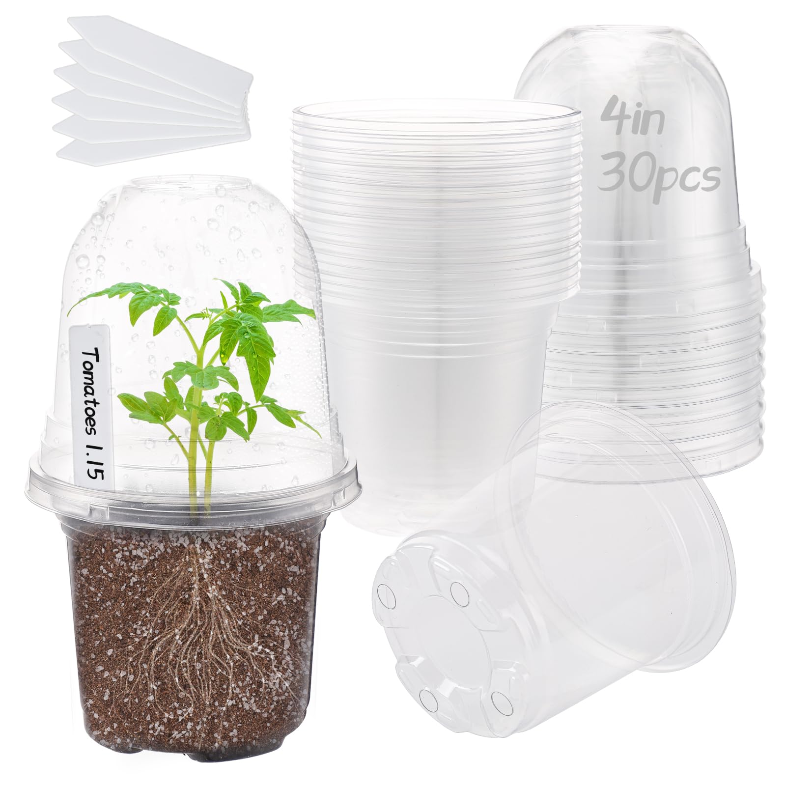 Biggun 4in Clear Nursery Pots with Humidity Domes- 30 Pcs Durable Plant Pot with Drainage Holes ＆ 50 Plant Labels, Plastic Seed Starting Planter for Indoor Outdoor Plants Flowers Vegetables