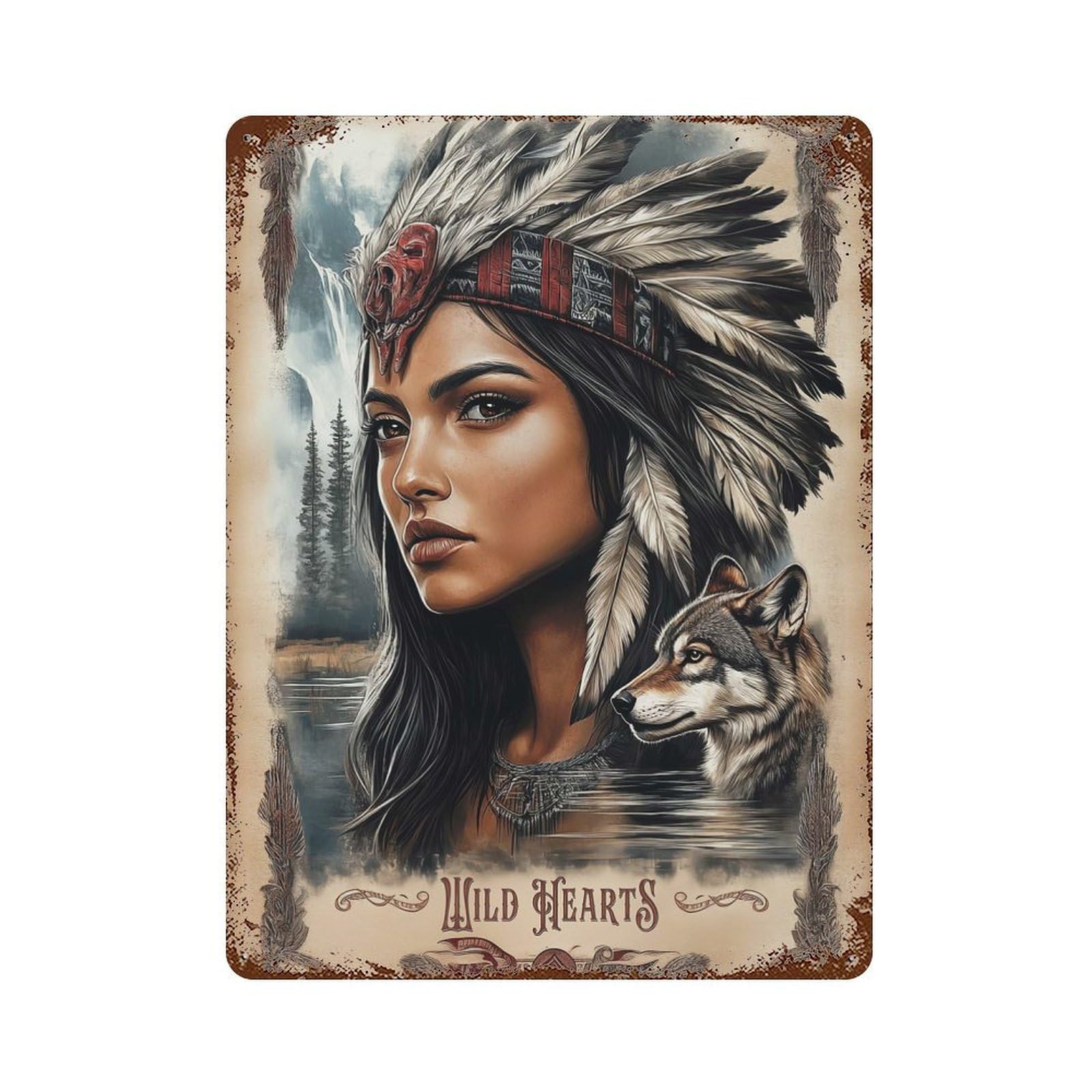 Native American Woman with Wolf 15.7"x11.8" Rustic Tin Plaque, Industrial Home Decor for Farmhouse, Kitchen And Entryway Decor