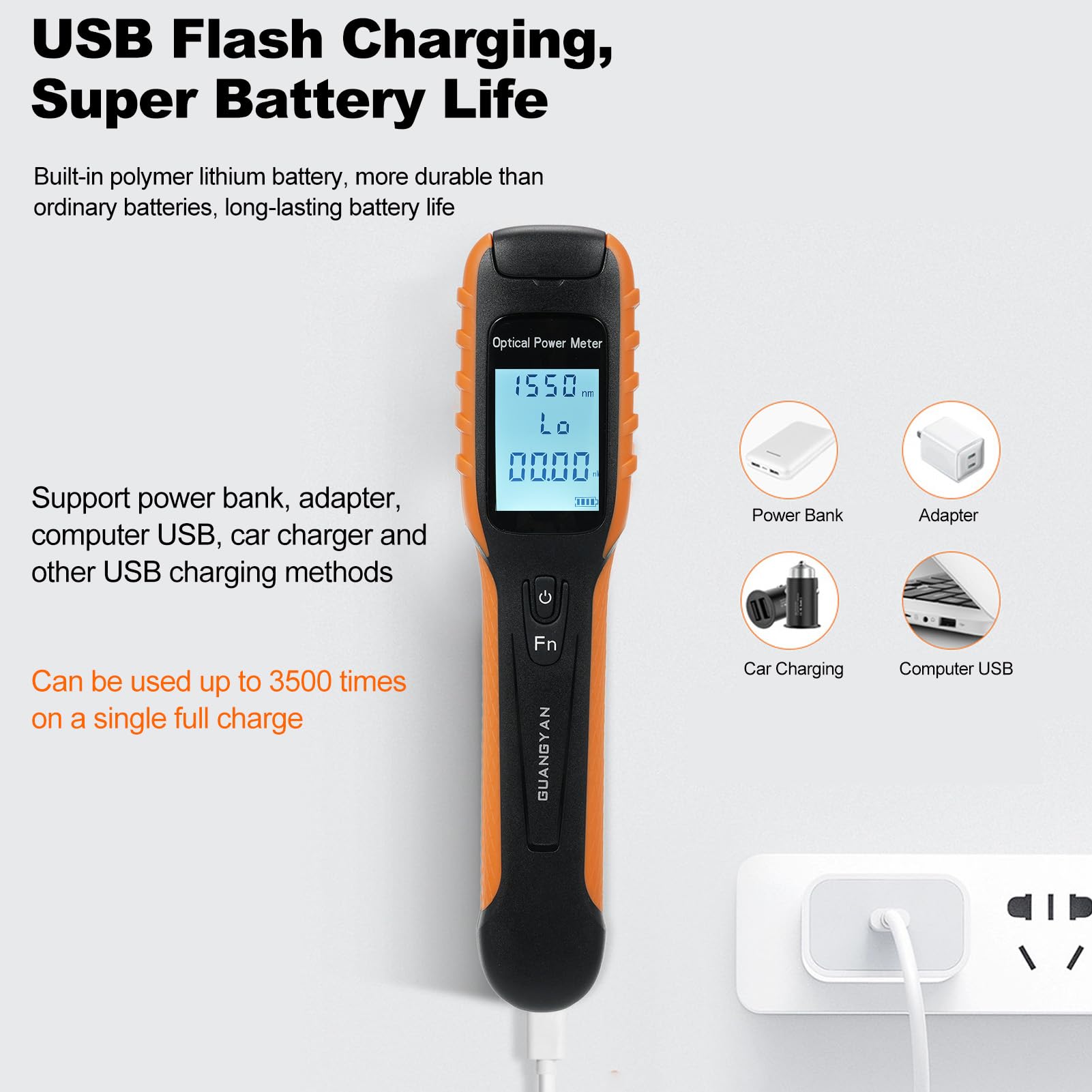 Weytoll Photometre Fibre Optique, Compteur de puissance à Fiber optique Rechargeable de haute précision, avec lampe de poche, plage de mesure OPM -70~+10dBm FC/SC/ST