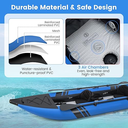 Miniatura 4 de GYMAX Kayak inflable, kayak tándem de 12.5 pies y 507 libras con 2 remos de aluminio, 2 asientos acolchados, reposapiés, 2 aletas, bomba de mano,