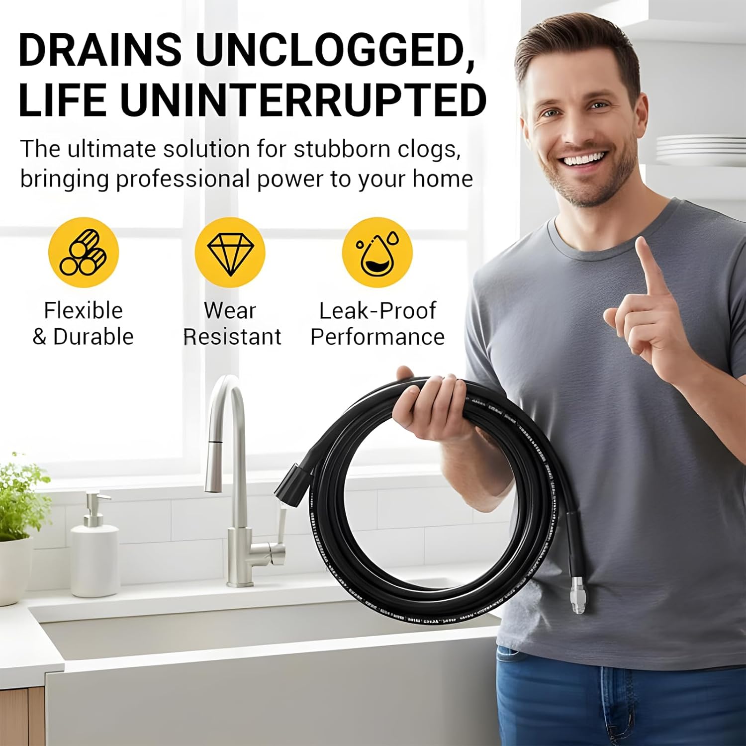 High Pressure Drain Cleaner Hose 5800 PSI, Triple Layer Burst-Proof PVC & Stainless Steel Sewer Jetter Hose Kit, Universal Pressure Washer Drain Unblocker (6-Nozzle-30Ft Explosion-Proof Pipe+AB)