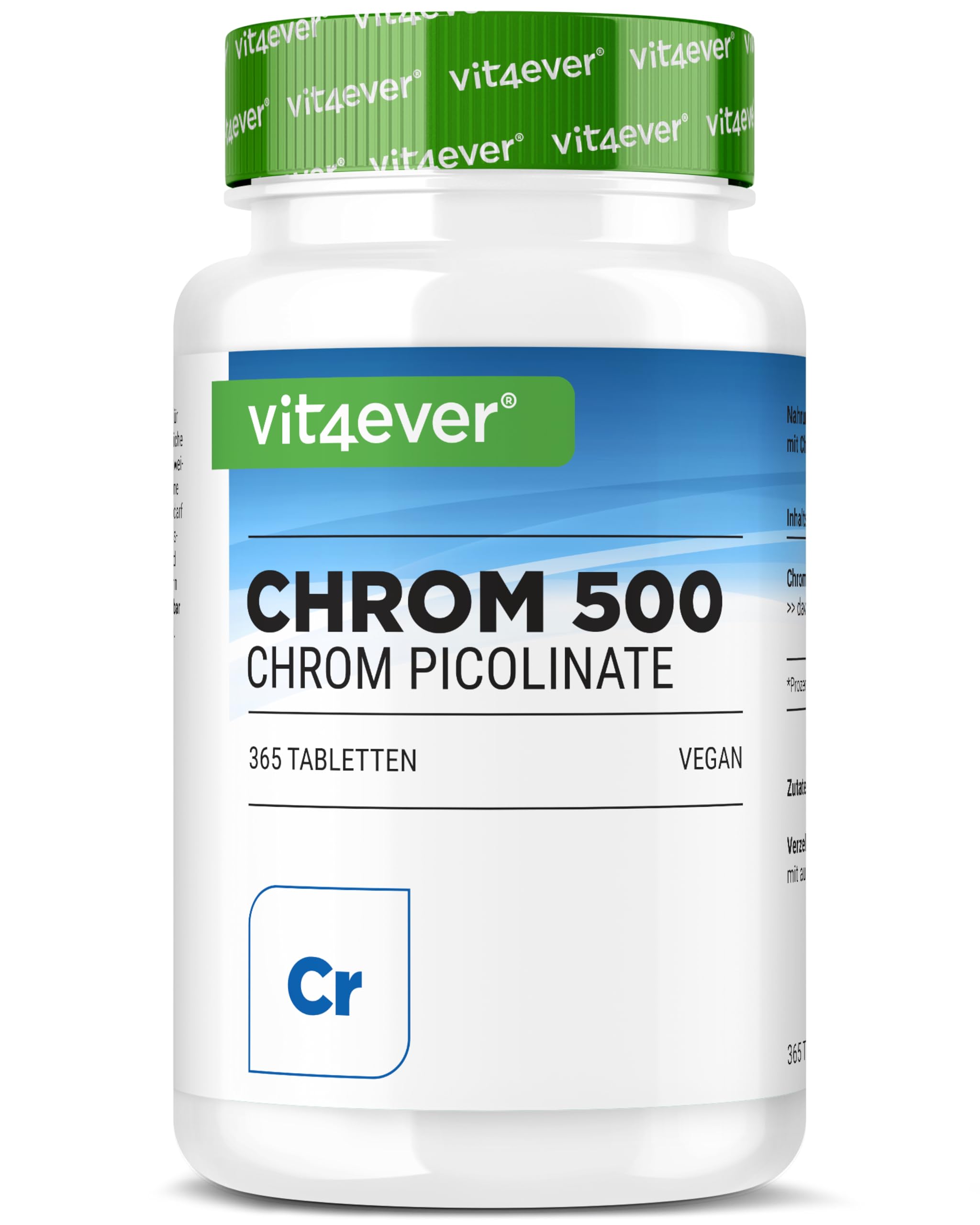 vit4ever Chrom aus Chromium Picolinate - Extra hochdosiert 500 mcg Chrom pro Tablette - 365 Tabletten - Laborgeprüft - Ohne unerwünschte Zusätze - Hochdosiert - Vegan