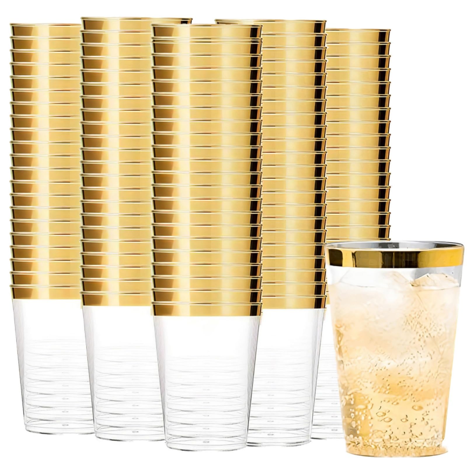 Tebery 100 Pack 12oz Gold Rimmed Plastic Cups, Clear Crystal Plastic Tumblers, Reusable Shot Glasses, Elegant Party Cups