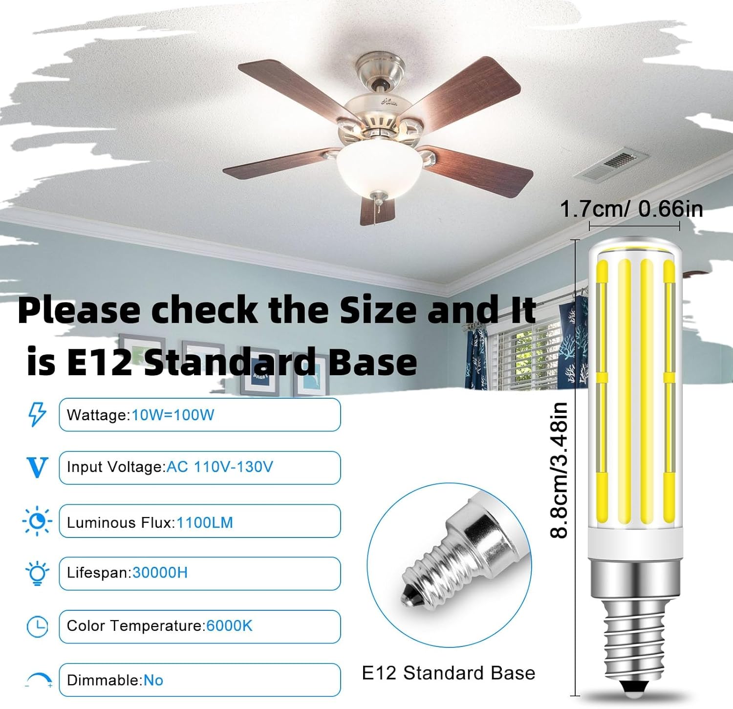Updated E12 LED Bulbs 100W Incandescent Bulb Equivalent,E12 Candelabra Bulb COB 10W 1100LM, Daylight White 6000K, Non-Dimmable LED Chandelier Light Bulbs for Ceiling Fan Lighting,Pack of 3