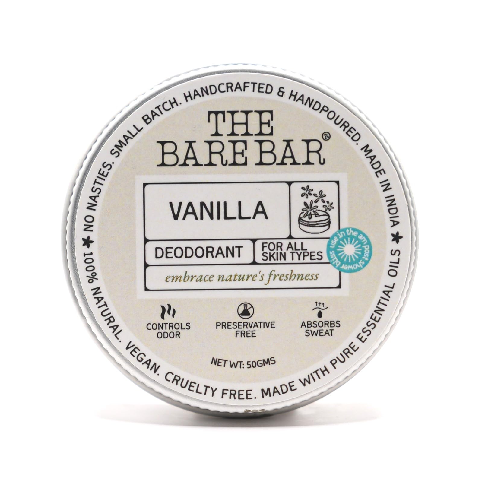The Bare Bar Vanilla Deodorant - 50 gm | Sweet Fragrance| Odor & Sweat Control |Gentle, Natural formula and Chemical free| Good for all skin types | Travel Mini Size Solid Deodorant for Men & Women