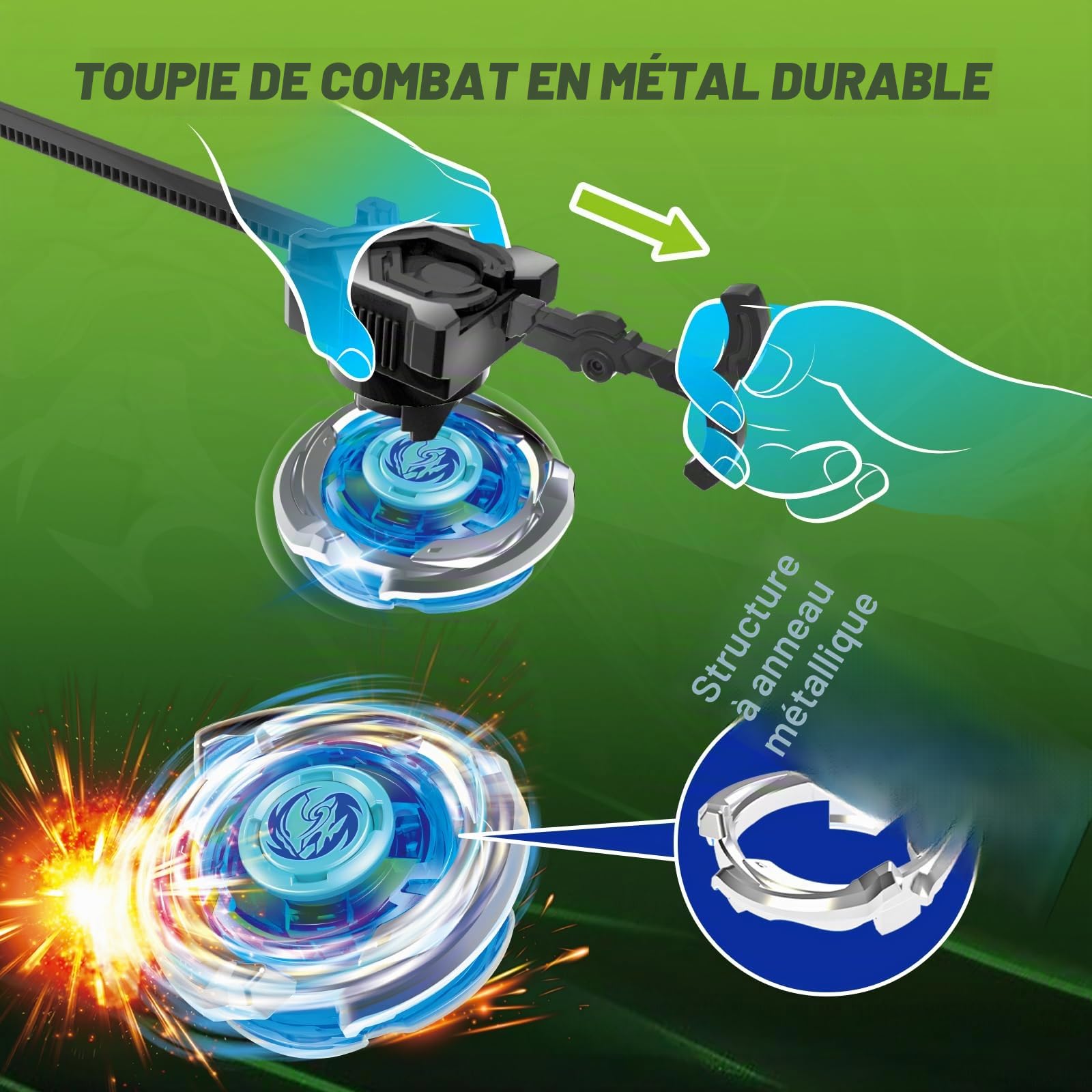 INFINITY NADO S7 Toupie 2PCS avec 2 Rack lanceurs, Toupie en Métal Type Balance/Endurance Rotation Droite, Jouet pour Enfant garçons Filles 5+, Bleu & Vert